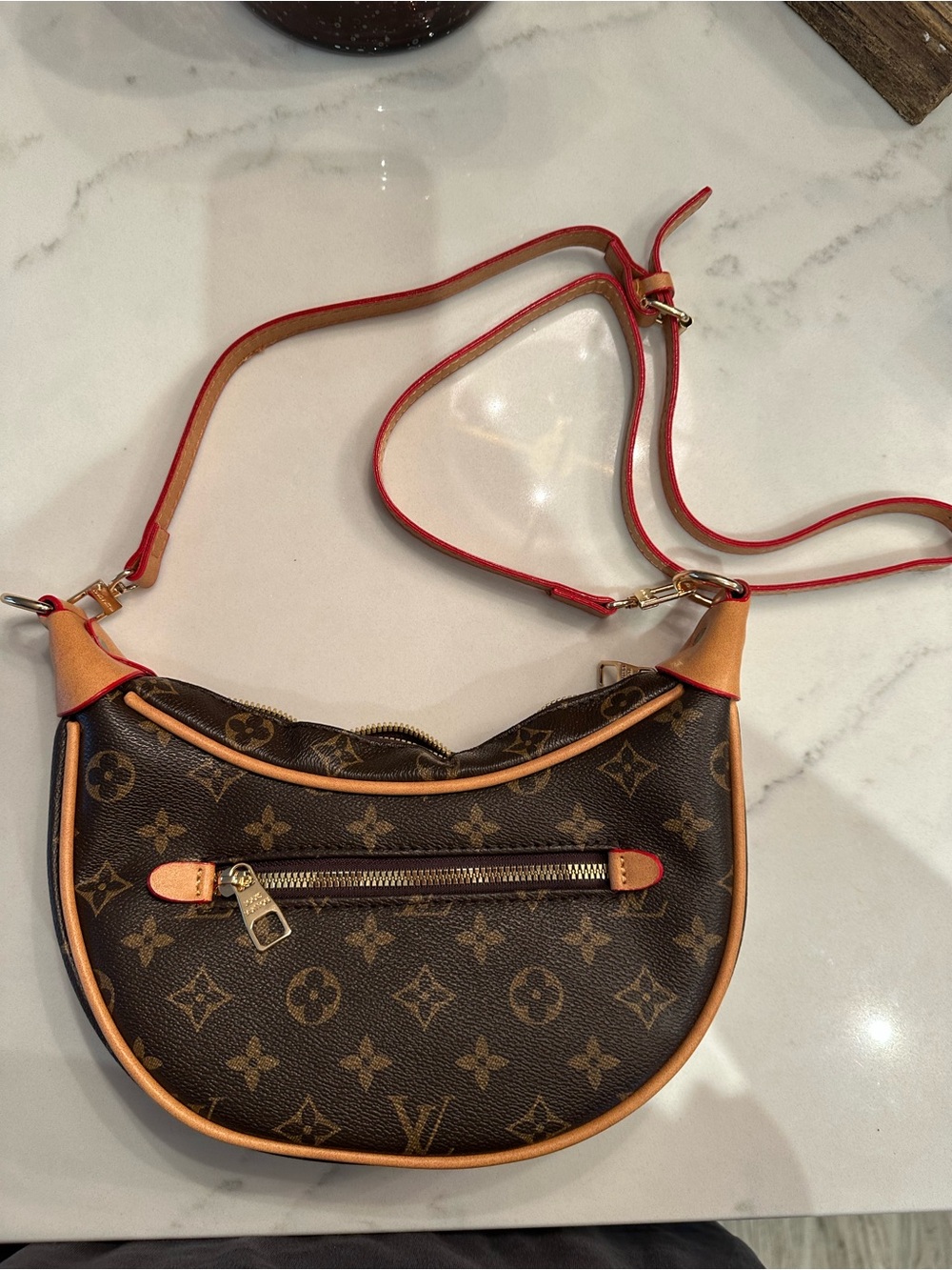 LV Monogram Crescent Crossbody Bag in Brown with Red Trim